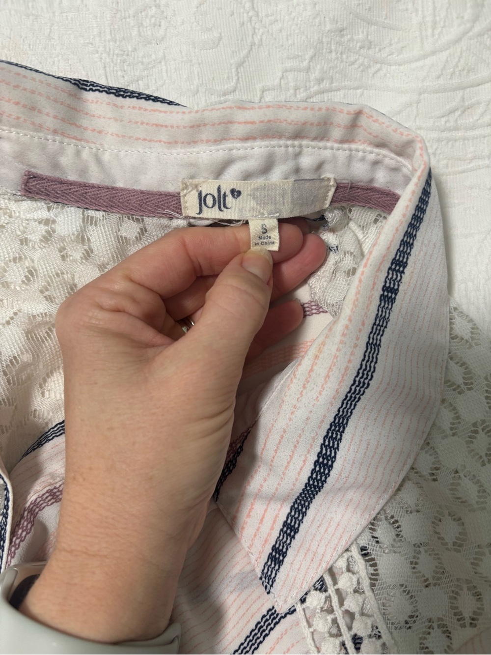 Jolt Striped Button-Down Shirt in White, Navy & Pink - Picture 5 of 6